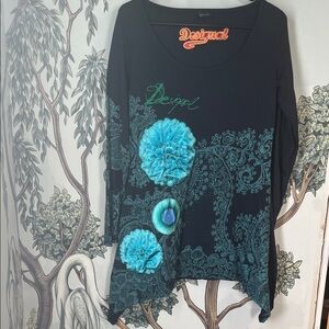 Vintage Desigual Black and Turquoise Long Sleeve Top, medium